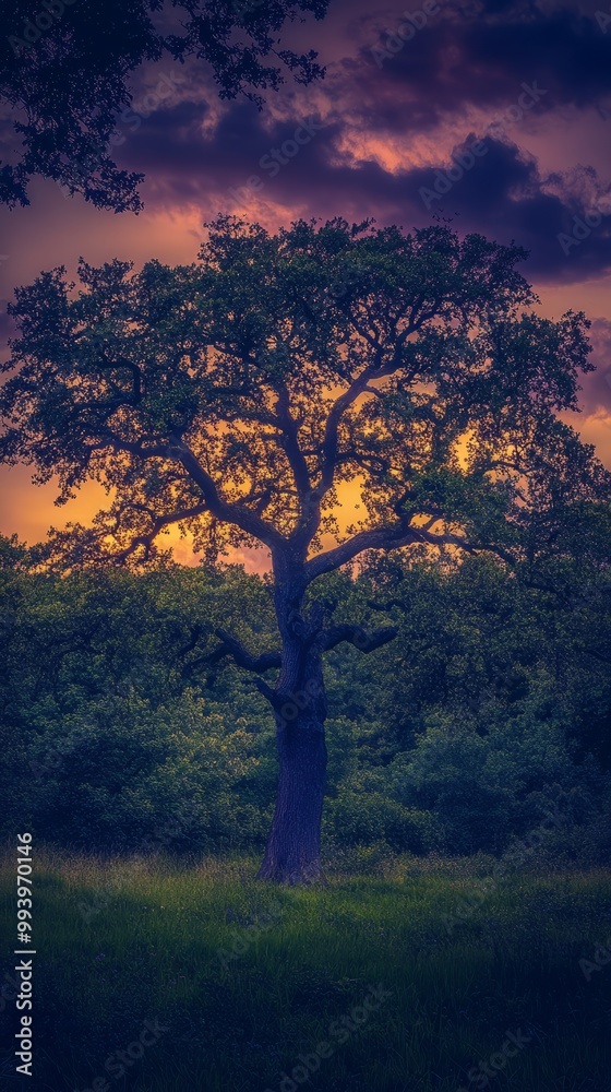 Majestic Tree Silhouette at Sunset in a Lush Forest Majestic Tree Silhouette at Sunset in a Lush Forest