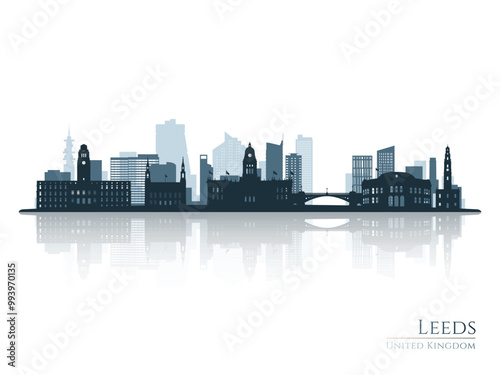 Leeds skyline silhouette with reflection. Landscape Leeds, United Kingdom. Vector illustration.