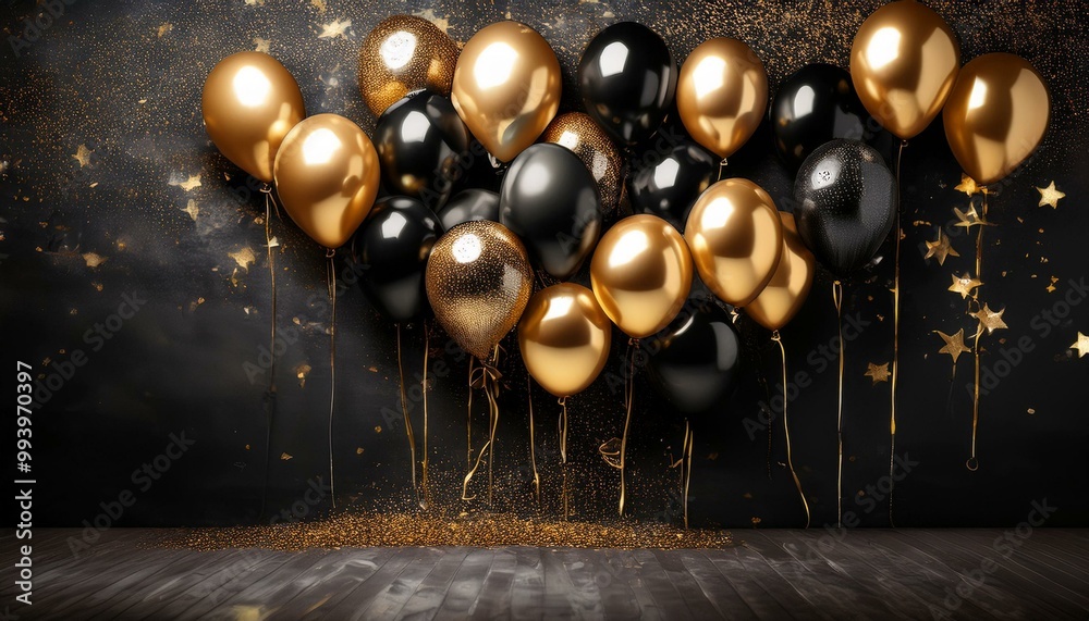 Naklejka premium Gold black balloon confetti background for graduation birthday happy New Year opening sale concept usable for banner poster brochure ad invitation flyer template.