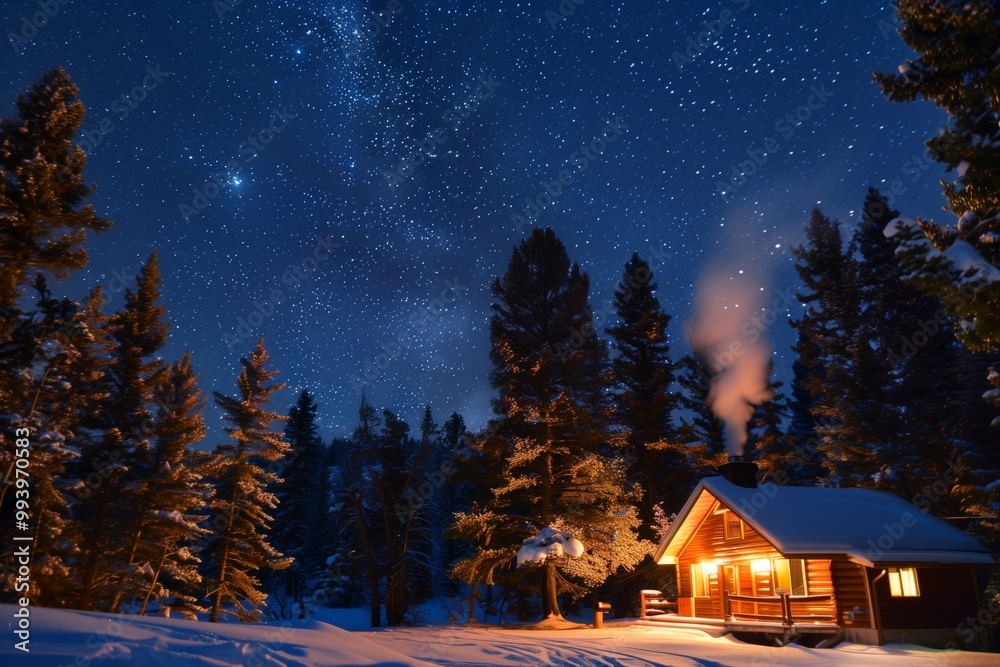 Cozy wooden cabin surrounded by snow-covered trees under a starry night sky in a winter wilderness setting Cozy wooden cabin surrounded by snow-covered trees under a starry night sky in a winter wilderness setting