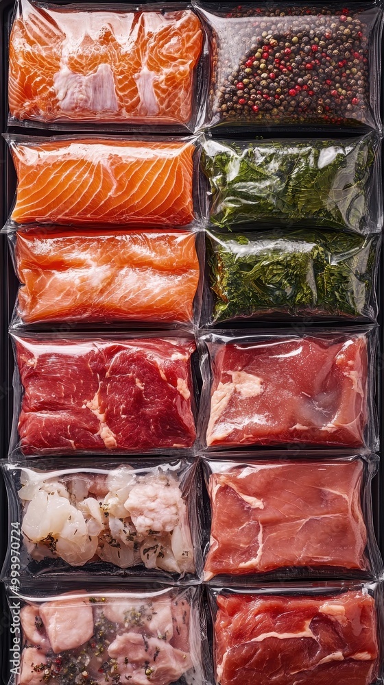 Different frozen meat on the opening freezer shelves,salmon and Meat Frozen in Plastic Bags Food Reserve Stored for Food Preparation,Frozen food,Meat and meat frozen products,food storage in fridge. Different frozen meat on the opening freezer shelves,salmon and Meat Frozen in Plastic Bags Food Reserve Stored for Food Preparation,Frozen food,Meat and meat frozen products,food storage in fridge.