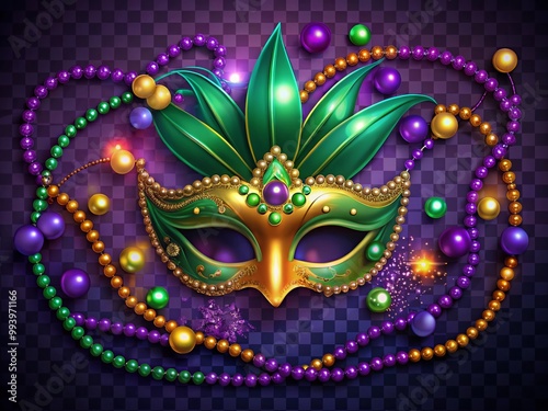 Colorful Mardi Gras Mask and Beads on Transparent Background for Festive Celebrations and Events