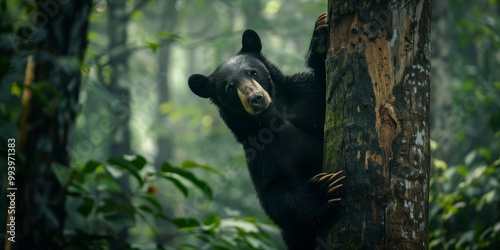 Black bear climbs a tree in lush rainforest during a calm morning in the wilderness, exploring its surroundings quietly