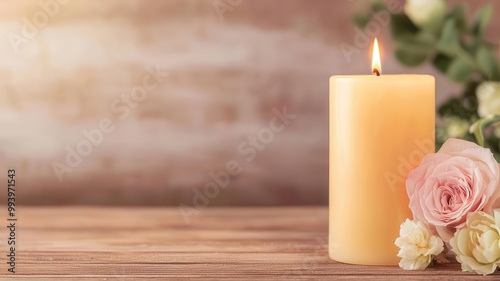 Aromatic candle burning on a wooden table, soft focus flowers nearby, creating a warm and welcoming atmosphere