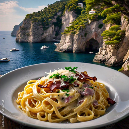 Pasta carbonara con vista a Capri 