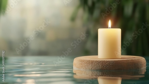 Aromatic candle in a spalike environment, soft light reflecting off the water, calm and soothing concept