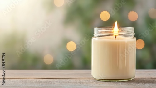 Aromatic candle in glass jar, soft focus background, warm light reflecting, inviting cozy aroma concept
