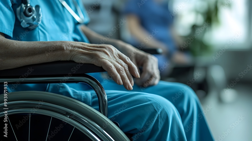 Obraz premium Disabled person in wheelchair receiving medical care at healthcare facility
