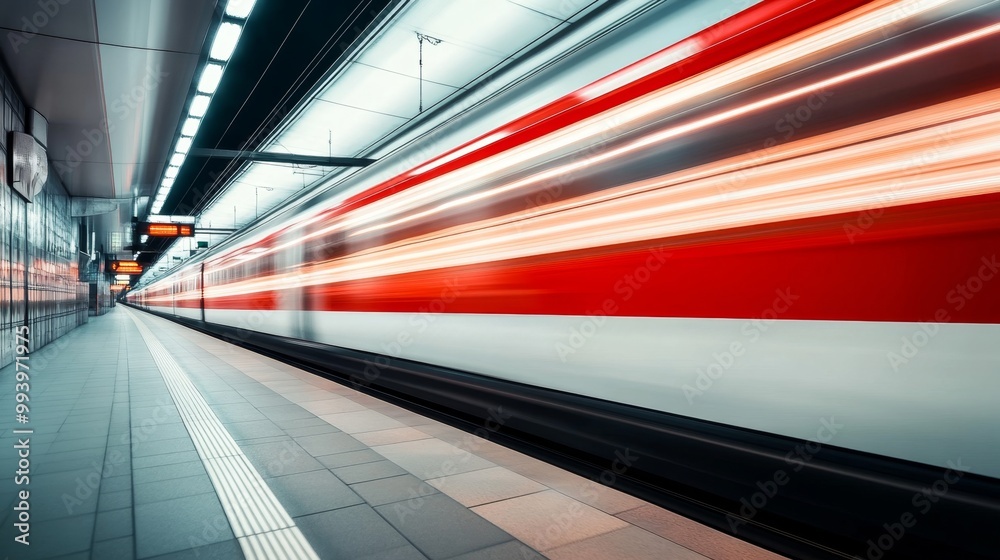Obraz premium High-speed train in motion at a busy subway station captured with a long exposure effect