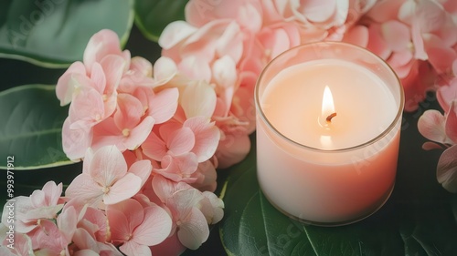 Aromatic candle nestled in a bed of soft flowers, warm glow and scent radiating, calming environment concept