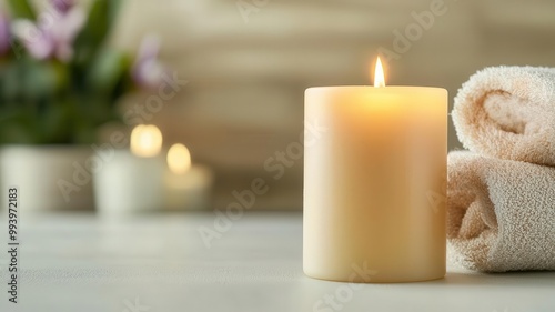 Burning candle in a softhued room, aroma of vanilla wafting, creating a peaceful and calm atmosphere