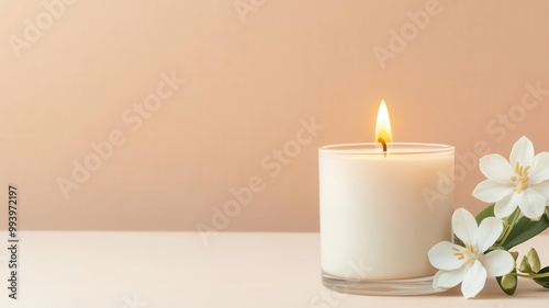 Burning scented candle with soft floral notes, warm glow enhancing a cozy ambiance, delicate flowers nearby