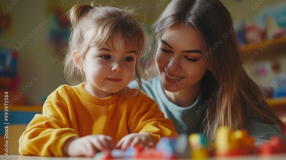 A young child focuses intently on building toys while seated with a supportive teacher A young child focuses intently on building toys while seated with a supportive teacher