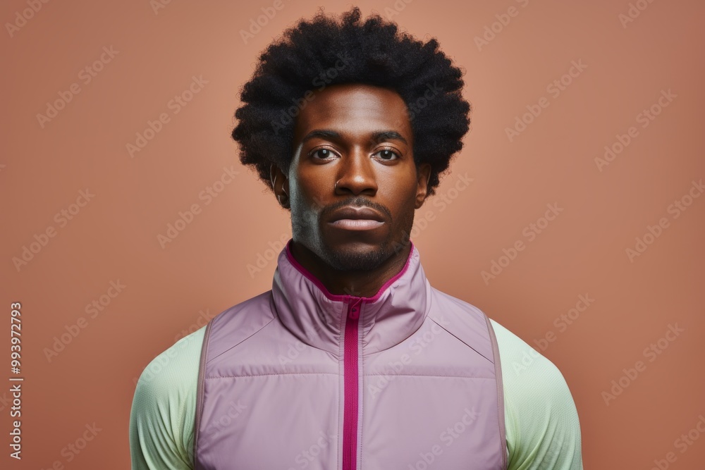 Fototapeta premium Portrait of a content afro-american man in his 20s wearing a lightweight running vest in solid color backdrop