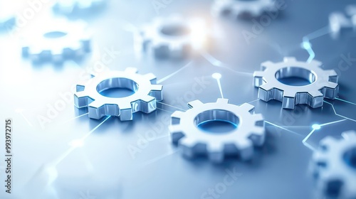 Close-up of metallic gears on a blue background with digital connections.