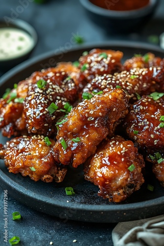 Close-up of Sesame Chicken Wings with Teriyaki Glaze.