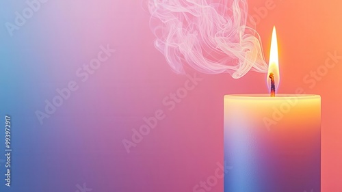 Closeup of aromatic candle in a soft pastel setting, with light smoke curling upwards, creating a serene ambiance
