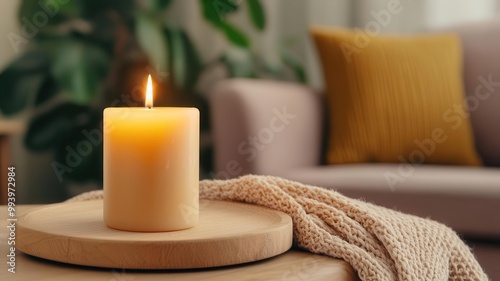 Cozy living room scene with soft lighting, burning scented candle, aroma therapy, relaxation concept