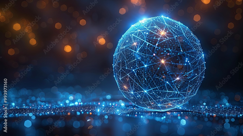 Obraz premium Abstract blue sphere with connecting dots and lines. Wireframe technology sphere. Big data visualization. 3d rendering