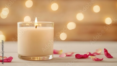 Elegant floralscented candle in a glass jar, soft light and gentle ambiance, petals scattered around