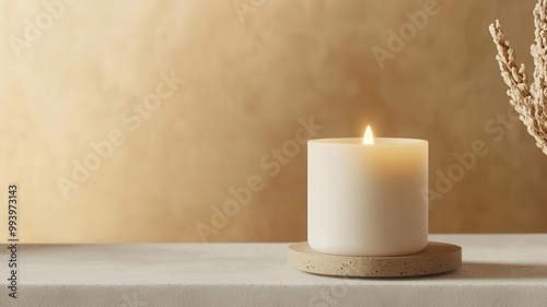 Elegant scented candle with a soft glow, minimalist aesthetic, enhancing the relaxing ambiance