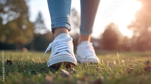 Close-up of a person wearing white sneakers and jeans walking on grassy ground during sunset, creating a warm and relaxed atmosphere.