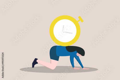 Stress business woman salary man carry heavy big clock burden. concept of overworked and overtime, fail Time management and spend time with family and loved