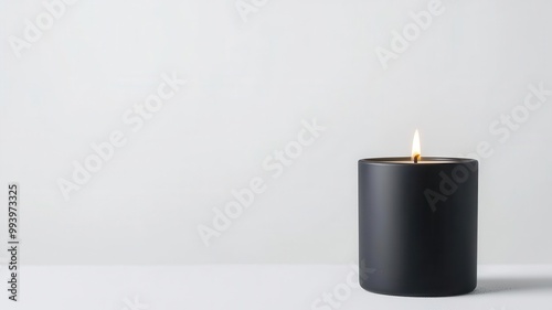 Minimalist black candle on a clean white surface, subtle flickering flame, soothing aroma filling the air
