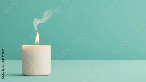 Minimalist candle in a ceramic holder, soft wisps of aromatic smoke rising, calming pastel tones, aroma therapy concept