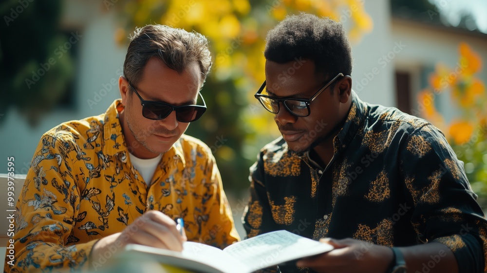 Fototapeta premium Two men wearing sunglasses engage in a discussion while reviewing a book outside