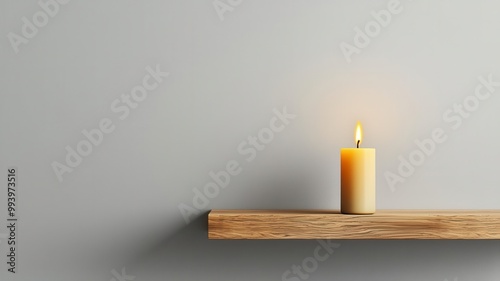 Minimalist room with a single candle burning on a wooden shelf, soft aroma creating a calm and peaceful mood