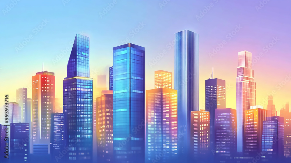 View of tall modern buildings reaching for the blue sky with white clouds.
