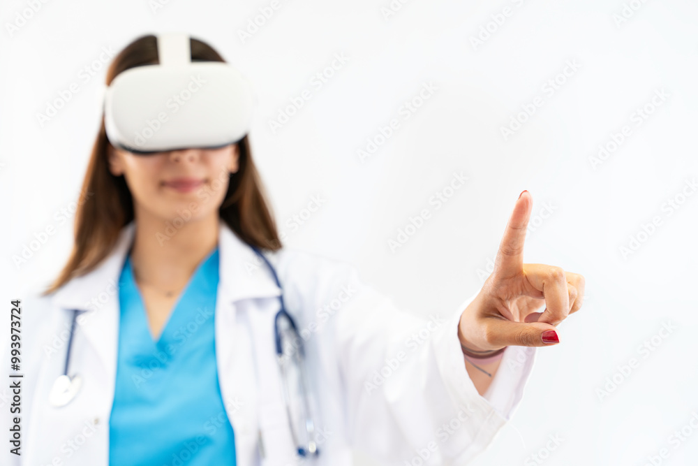 Innovating the Future: Female doctor wearing virtual reality goggles, Embracing Virtual Reality in Medical Research