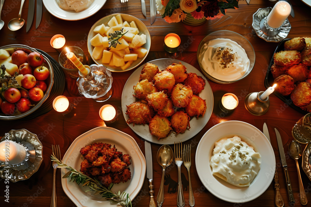 A festive Hanukkah dinner table set with various traditional dishes, including fried fritters, roasted vegetables, and cheeses, illuminated by candlelight for a cozy celebration A festive Hanukkah dinner table set with various traditional dishes, including fried fritters, roasted vegetables, and cheeses, illuminated by candlelight for a cozy celebration