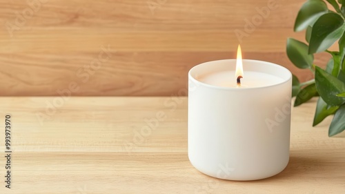 Minimalist white scented candle burning softly on a wooden table, peaceful relaxation concept, clean lines and subtle aroma