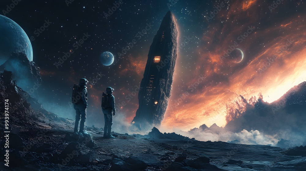 Fototapeta premium Two Astronauts Gazing at a Towering Structure on an Alien Planet