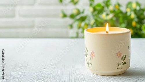 Scented candle in a floralpatterned holder, soft light spreading, floral aroma enhancing the peaceful ambiance