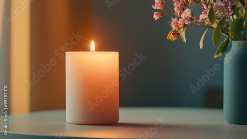Scented candle glowing in a tranquil corner, soft lighting and floral aroma creating a relaxing atmosphere