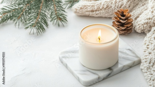 Scented candle on a marble tray, warm and soft light spreading in a cozy atmosphere, aromatic elegance concept