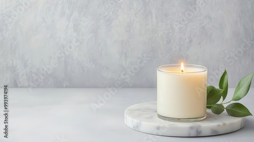 Scented candle on a marble tray, warm and soft light spreading in a cozy atmosphere, aromatic elegance concept
