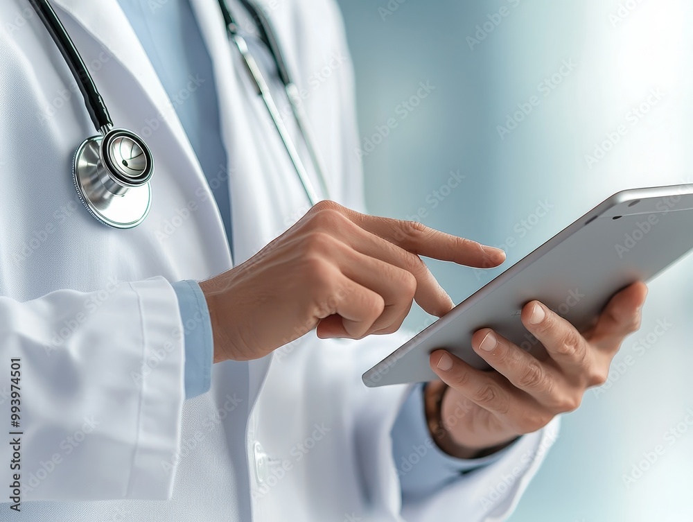 Professional Medical Technologist in Lab Coat Using Silver Tablet, Clinical Environment with Blue Gradient, Healthcare Technology Concept Professional Medical Technologist in Lab Coat Using Silver Tablet, Clinical Environment with Blue Gradient, Healthcare Technology Concept