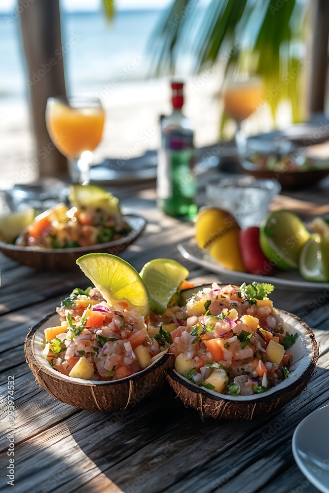 Coconut Bowls Filled with Fresh Fruit Salad on Beach Table. Coconut Bowls Filled with Fresh Fruit Salad on Beach Table.