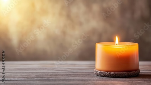 Warmly lit space with a burning candle, soft glow spreading gentle aroma throughout, peace and tranquility