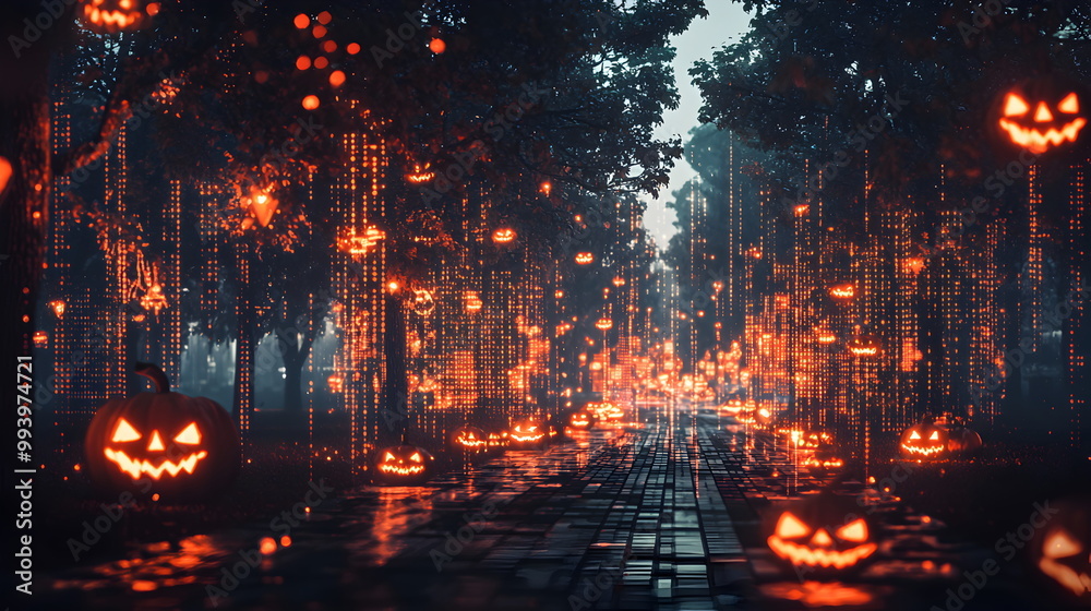Fototapeta premium Overlapping images of AI Futuristic Technology hybrid Happy Halloween festival, scary pumpkin head