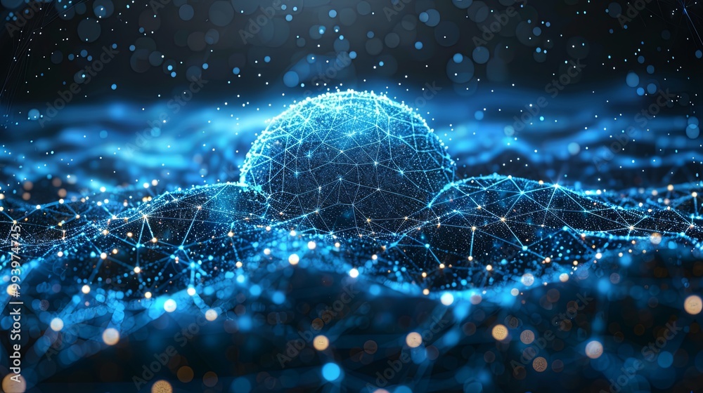 Obraz premium Abstract blue sphere with connecting dots and lines. Wireframe technology sphere. Big data visualization. 3d rendering