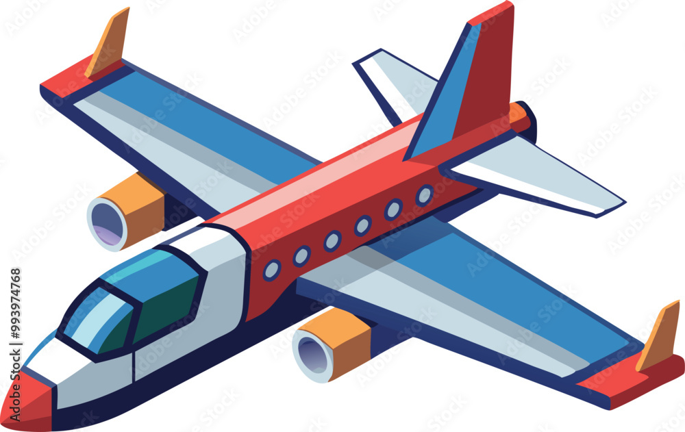 Fototapeta premium Small airplane illustration in red and blue with isometric perspective