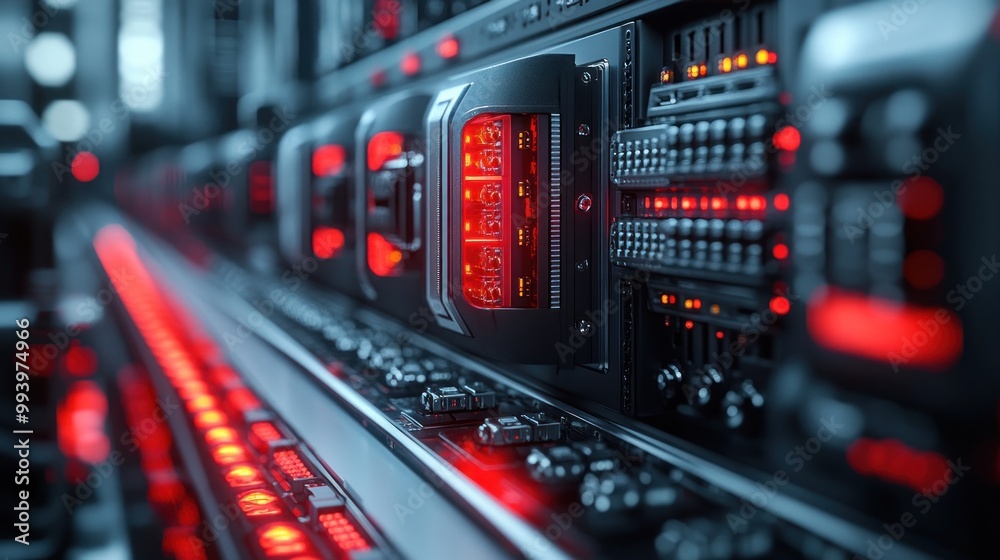 Close-up of a high-tech server rack with glowing lights. Close-up of a high-tech server rack with glowing lights.