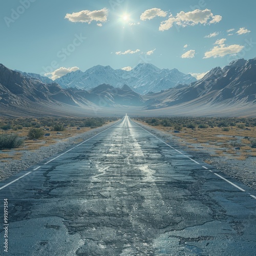 Deserted highway stretches out under the midday sun, captured in 8K resolution with the sun directly overhead. The scene is rendered with ultra-realistic detail and perfect foc photo