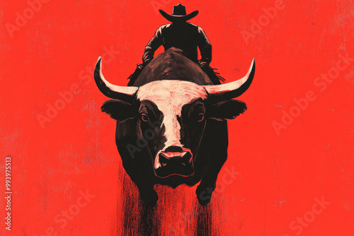 Silhouette of Cowboy Riding Bull with Bold Red Background photo