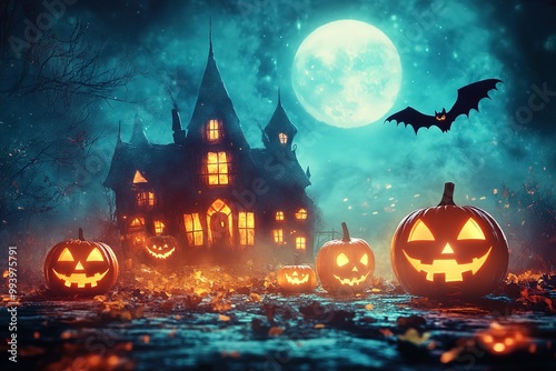 Halloween party background, full moon night illustration, Halloween pumpkin ghost, abandoned house, cemetery, bat, scary tree and Halloween elements Scary website Banner template Vector illustration